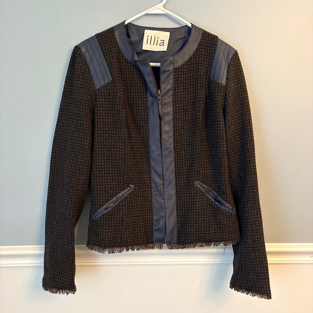 Illia Leather Moto Jacket Brown Houndstooth Blue Trim Wool Silk Coat Size 10